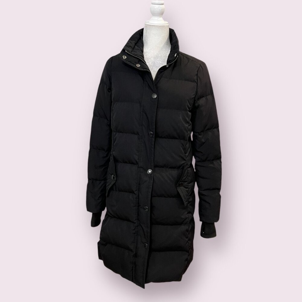 J.Crew Long Black Down Puffer Coat Snap Front Knee Length Winter Small